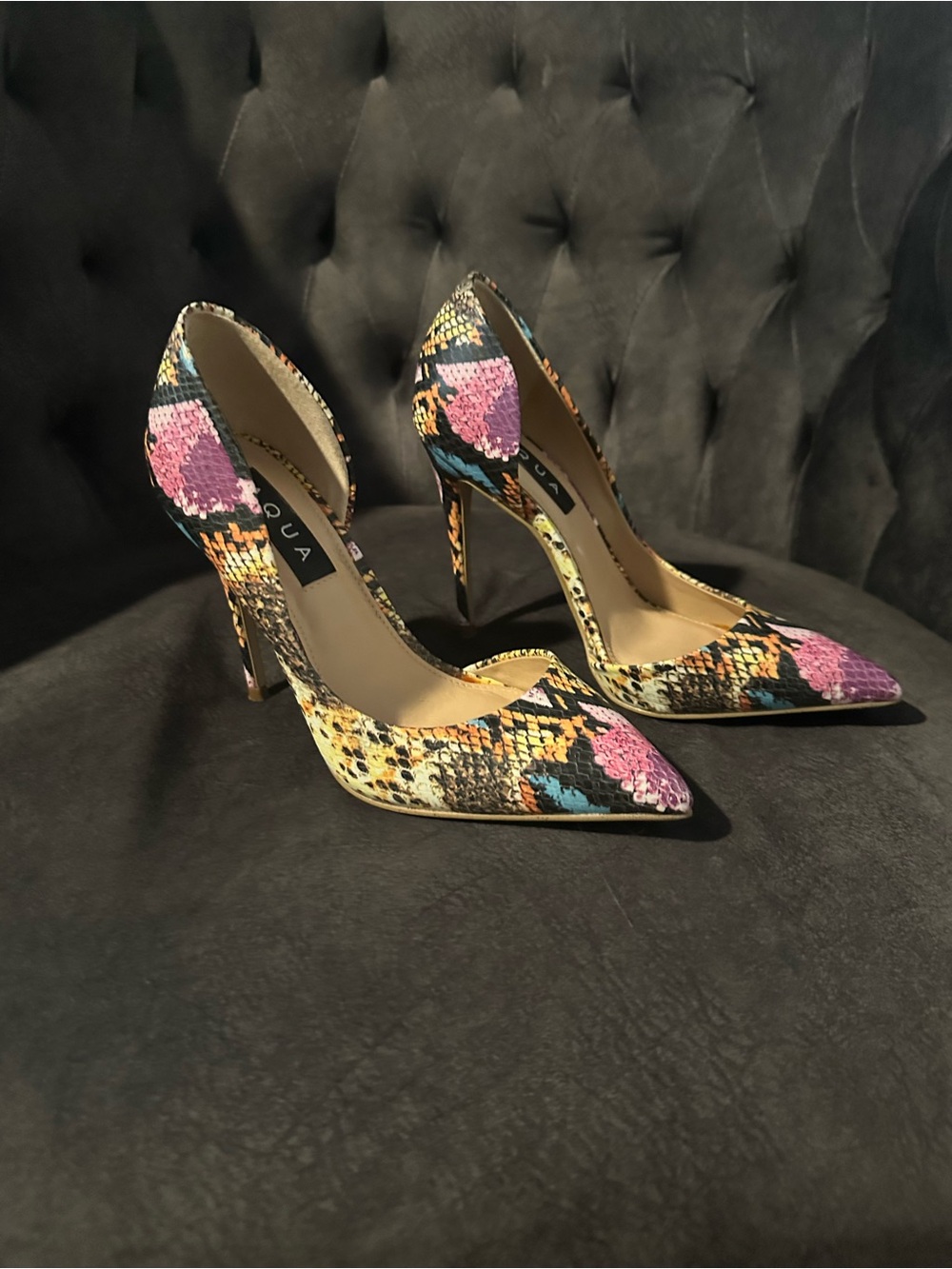 Aqua Multicolor “Dion” Snake-Print Pointed Toe Pumps